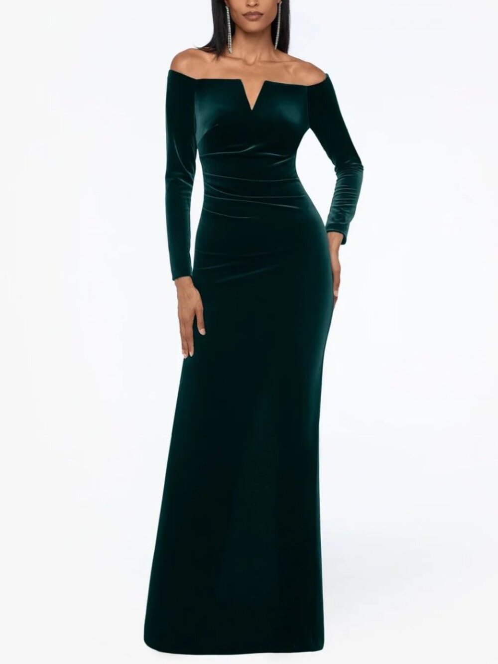 XSCAPE Velvet Notched Off-The-Shoulder Gown Formal Dress Emerald Green